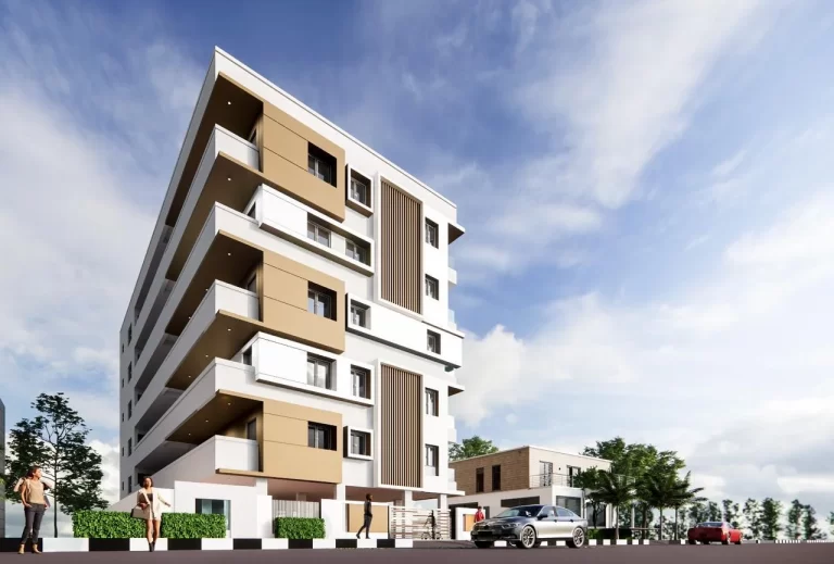 A contemporary multi-storey apartment elevation featuring clean white lines, beige accent panels, and recessed balconies that create a sleek and dynamic urban design