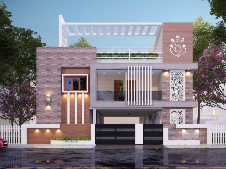 A contemporary two-story house elevation featuring a blend of stone, wood, and modern textures with elegant lighting and decorative elements for a striking street presence.