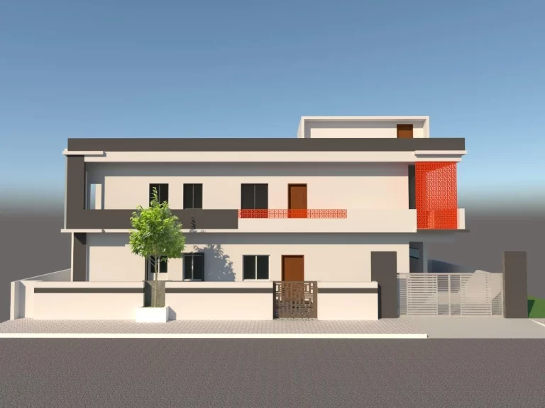 A minimalist two-story house elevation featuring clean lines, earthy tones, and bold orange jali accents for a touch of modern character