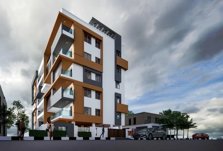 A modern apartment elevation with bold geometric balconies, warm ochre accents, and sleek glass railings, creating a contemporary urban facade.