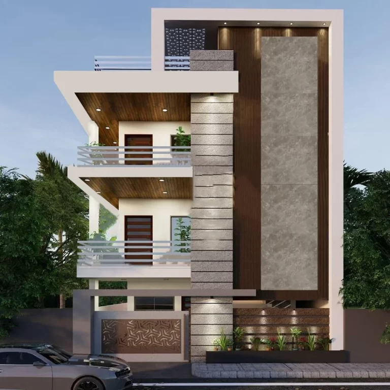 A sleek modern elevation featuring a striking mix of textures, warm wood ceilings, and bold vertical elements for a luxurious urban facade