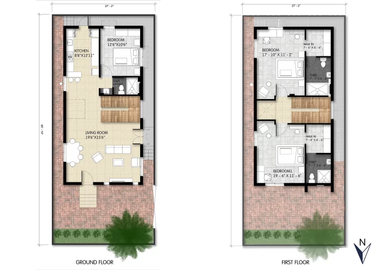 A luxurious 3BHK duplex plan on a 27 2x61 9 plot, featuring a grand double living space, spacious bedrooms with walk-in wardrobes, and a well-ventilated layout perfect for premium family living