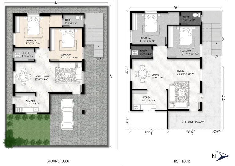 A smartly designed 3BHK duplex layout featuring efficient zoning of living, dining, and kitchen spaces on both floors, with dedicated toilets and a front-facing balcony—perfect for compact plots measu-2