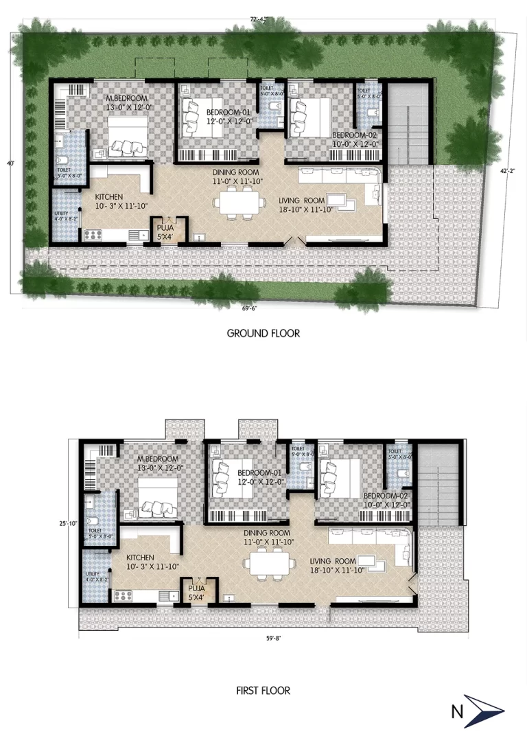 G+1 Design- A spacious 3BHK duplex floor plan on a uniquely shaped plot, featuring a well-zoned layout with dedicated pooja room, separate kitchen and dining, attached toilets, and large living areas—perfect for -8
