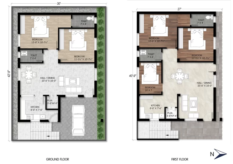 A well-optimized 3BHK layout on a 30 x 42 9 plot, featuring mirrored floor plans with spacious hall_dining areas, dedicated pooja spaces, and efficiently placed kitchens and bedrooms—ideal for multi